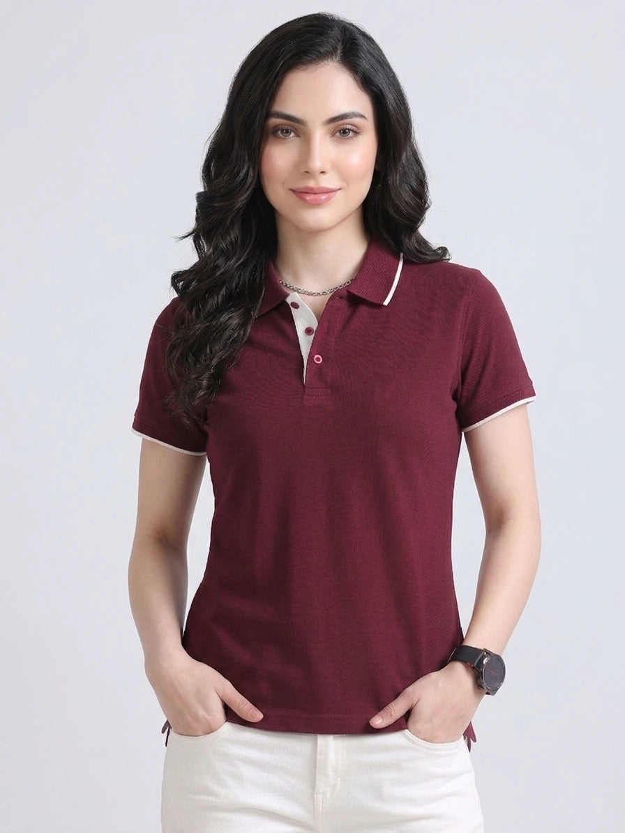 front view eco blend polo tshirt unisex for women Maroon