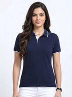 front view eco blend polo tshirt unisex for women Navy Blue