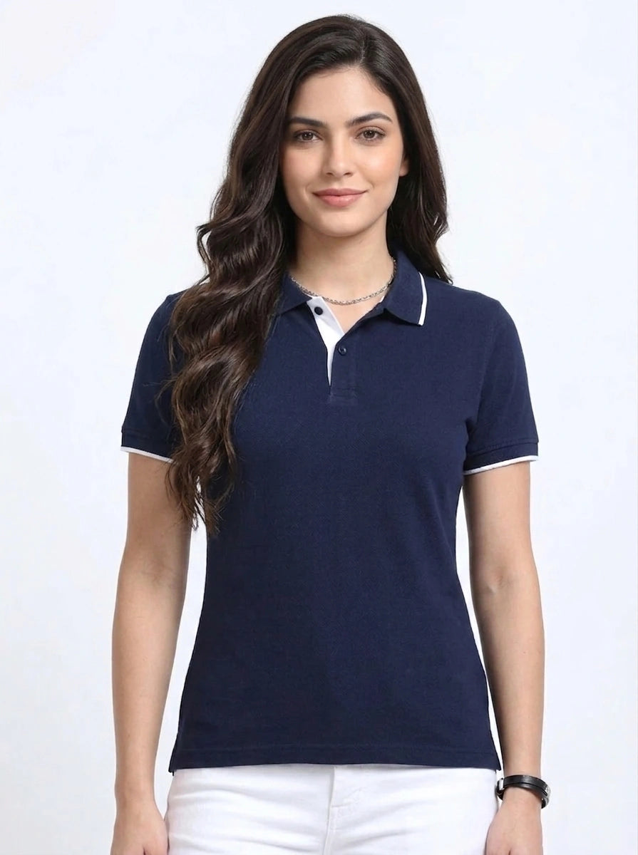 front view eco blend polo tshirt unisex for women Navy Blue