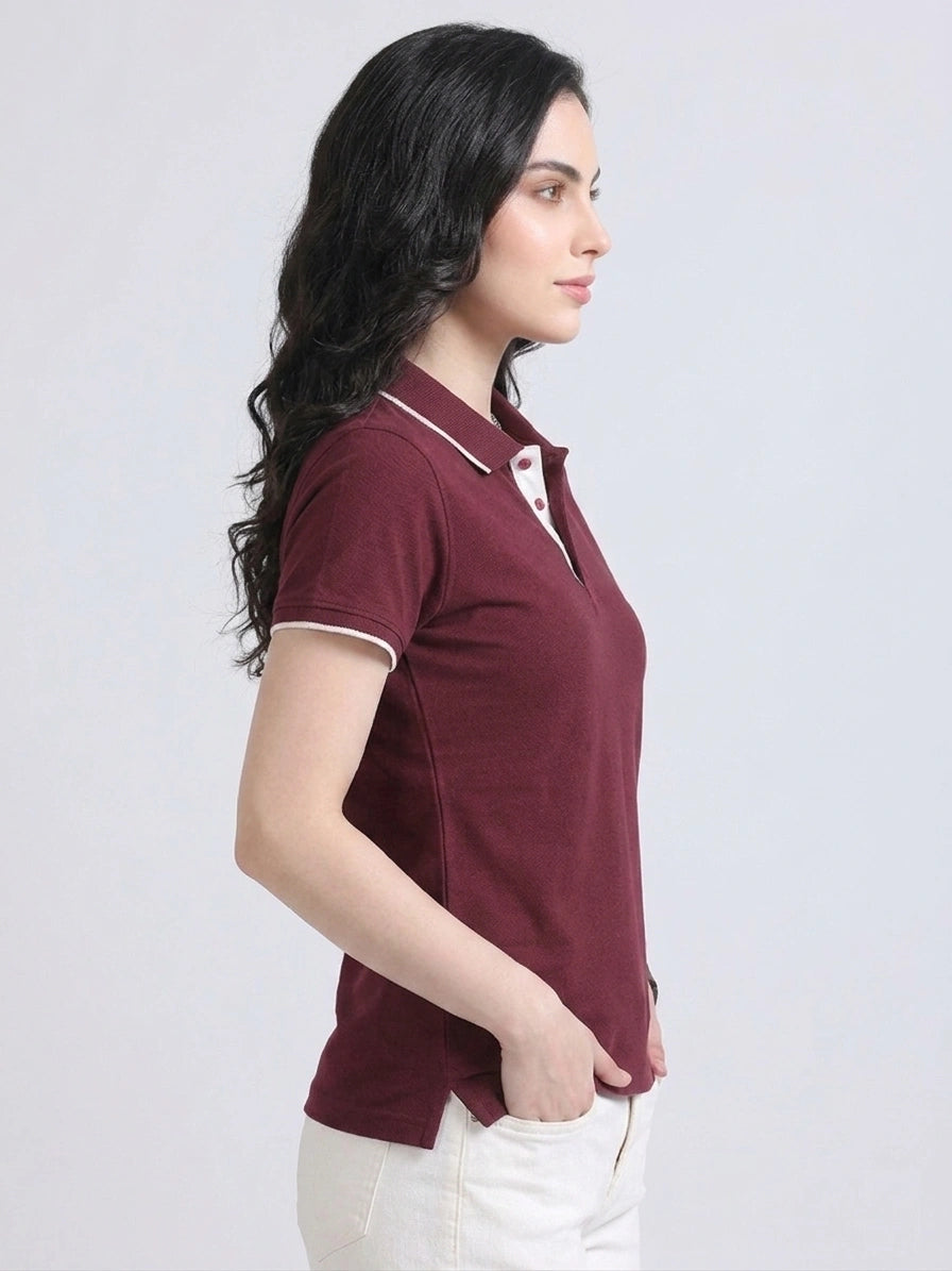 side view eco blend polo tshirt unisex for women Maroon