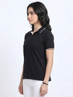 side view eco blend polo tshirt unisex for women Black