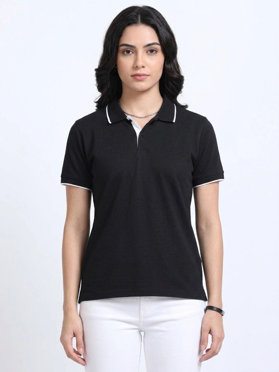 front view eco blend polo tshirt unisex for women Black