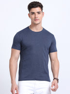 front view of man wearing t-shirt whose colour is Navy Melange