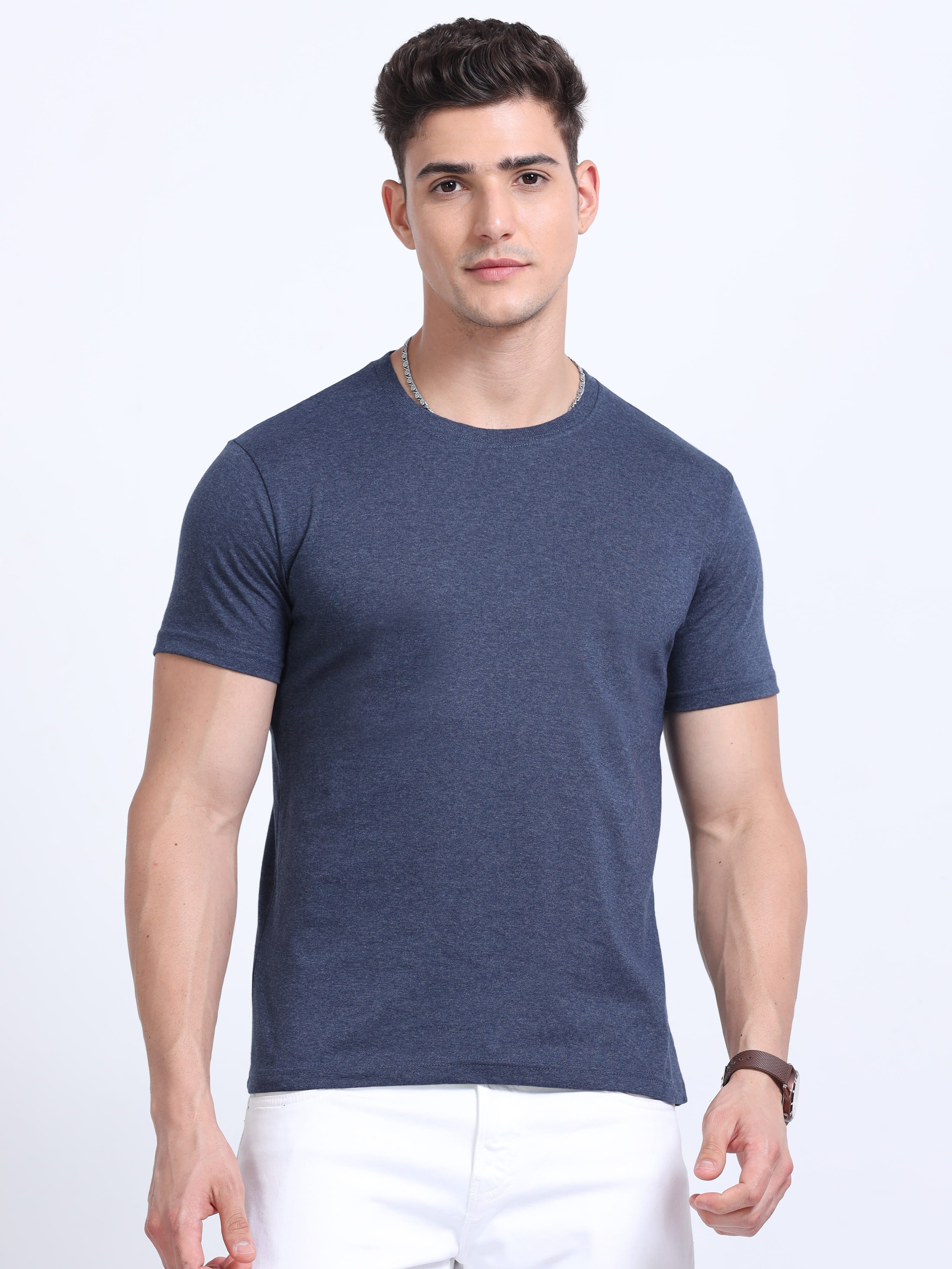 front view of man wearing t-shirt whose colour is Navy Melange