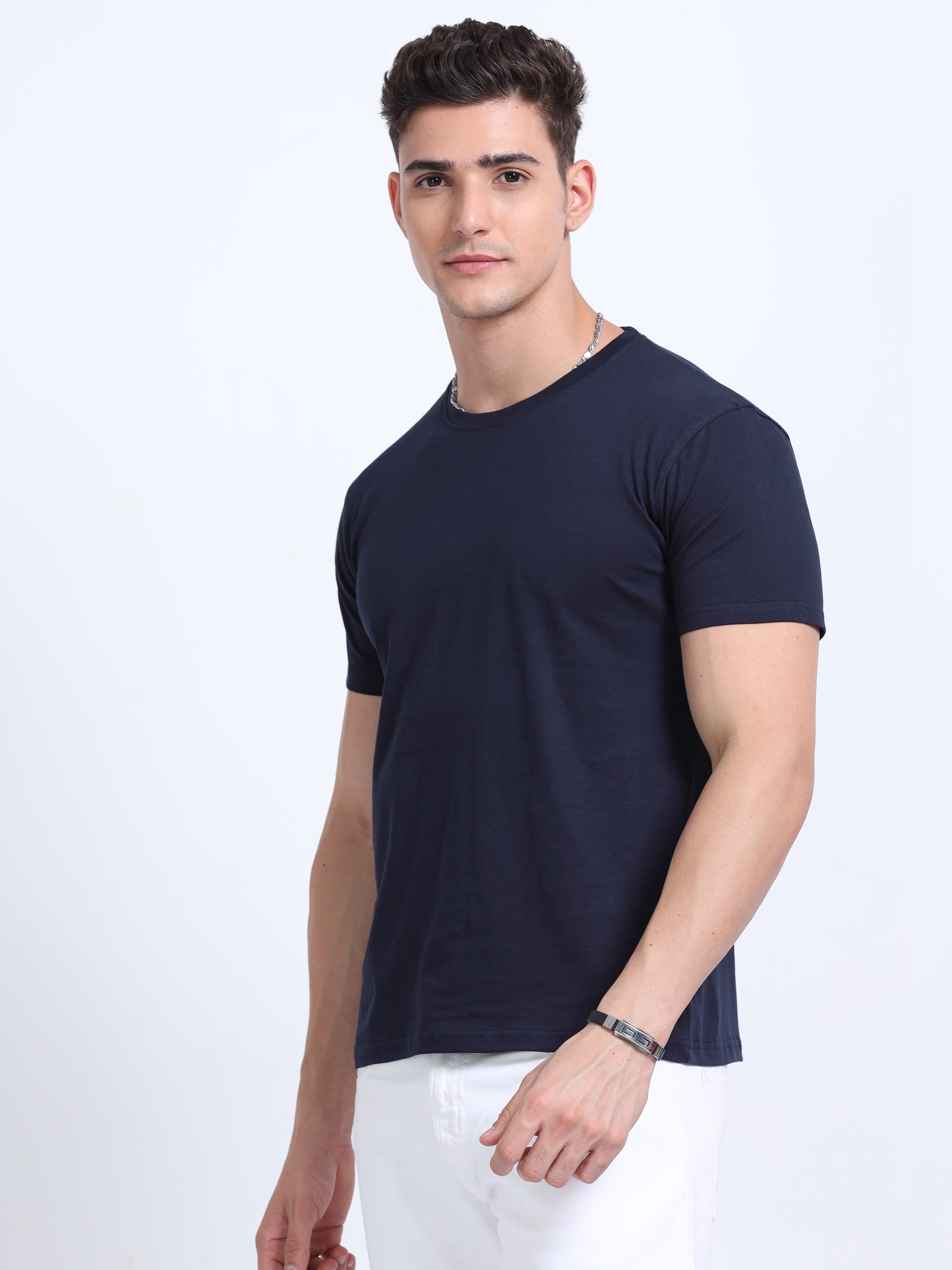 Man wearing a t-shirt with front view in  Navy Blue 