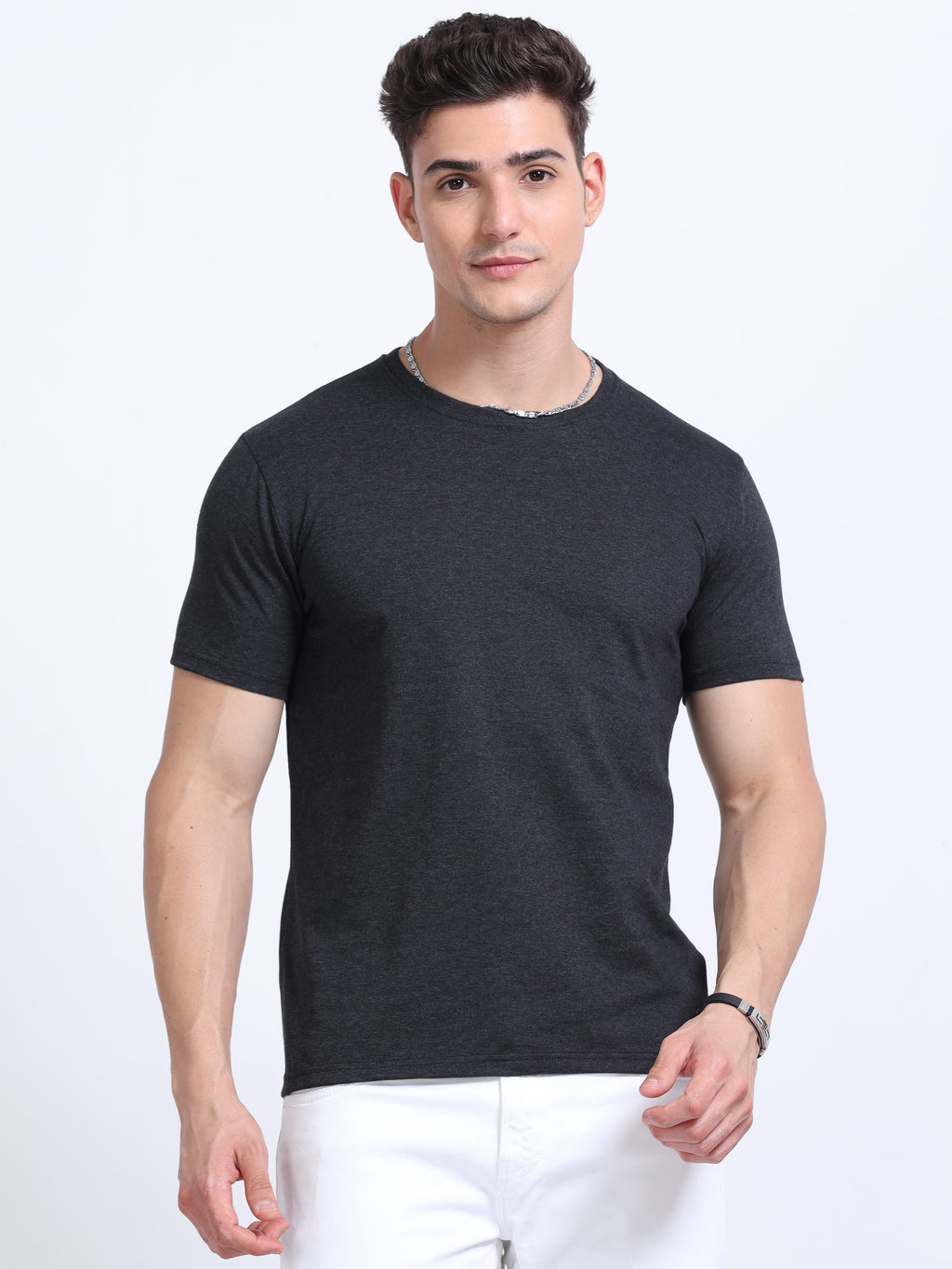 front view of man wearing t-shirt whose colour is Charcoal