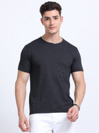 front view of man wearing t-shirt whose colour is Charcoal