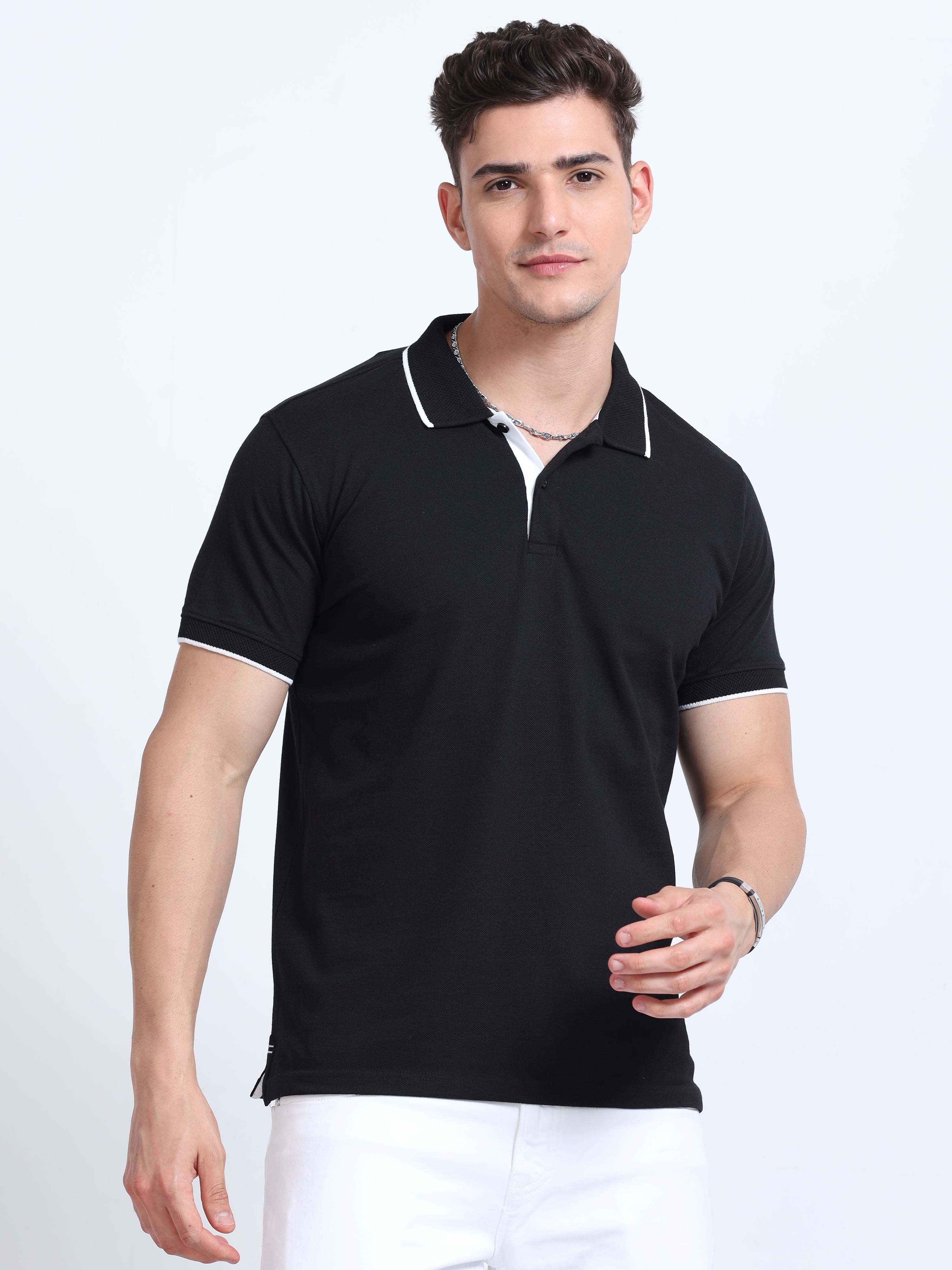 front view eco blend polo tshirt for men Black