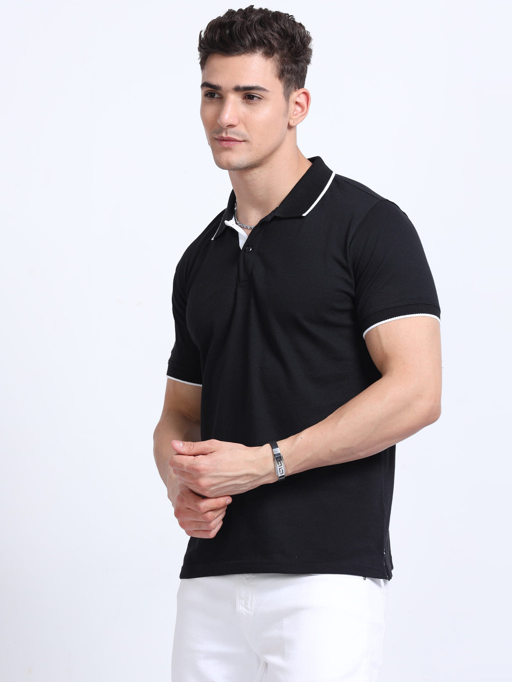 side front view eco blend polo tshirt for men Black