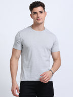front view of man wearing t-shirt whose colour is Grey Melange .