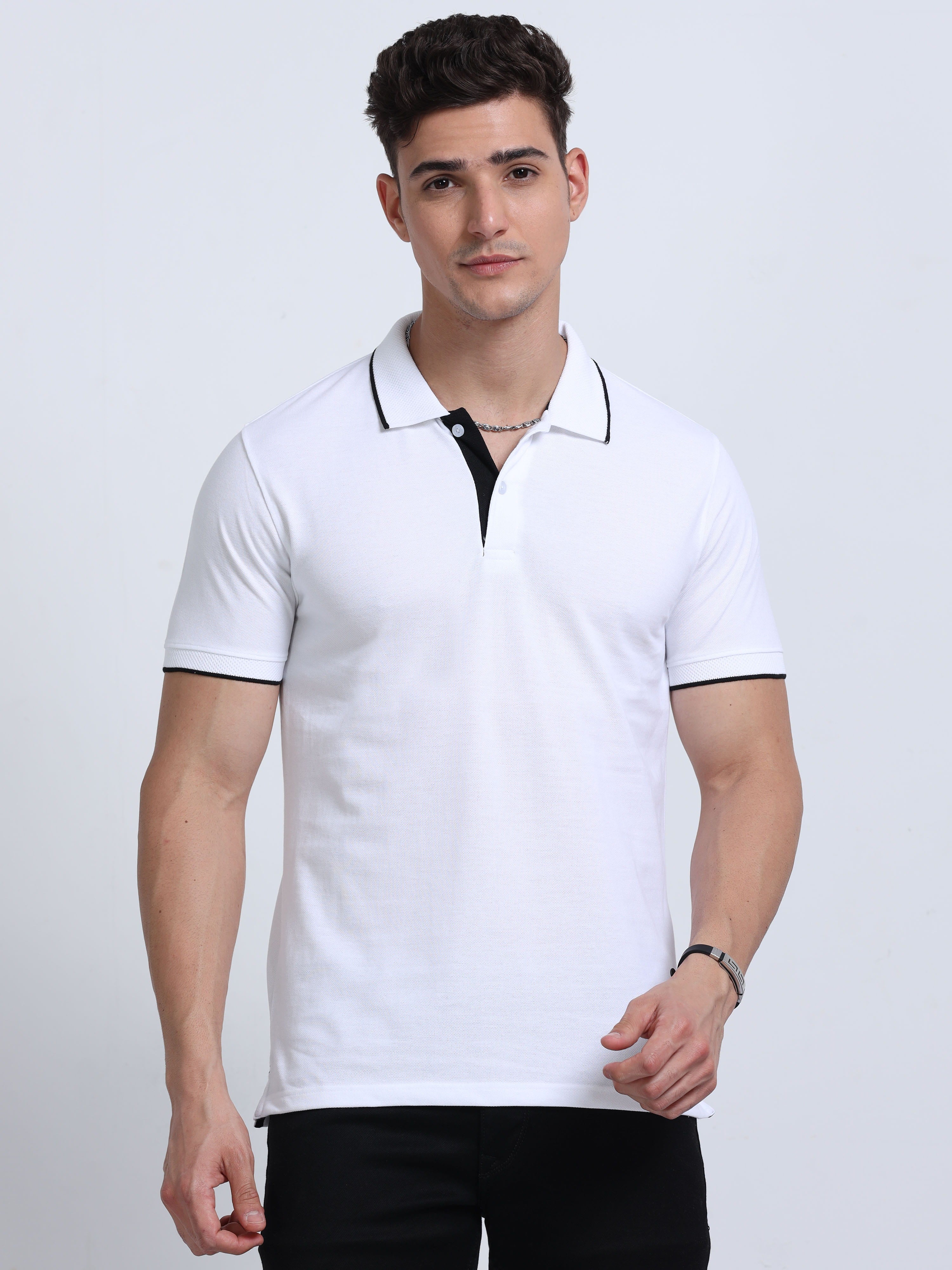 front view eco blend polo tshirt for men White