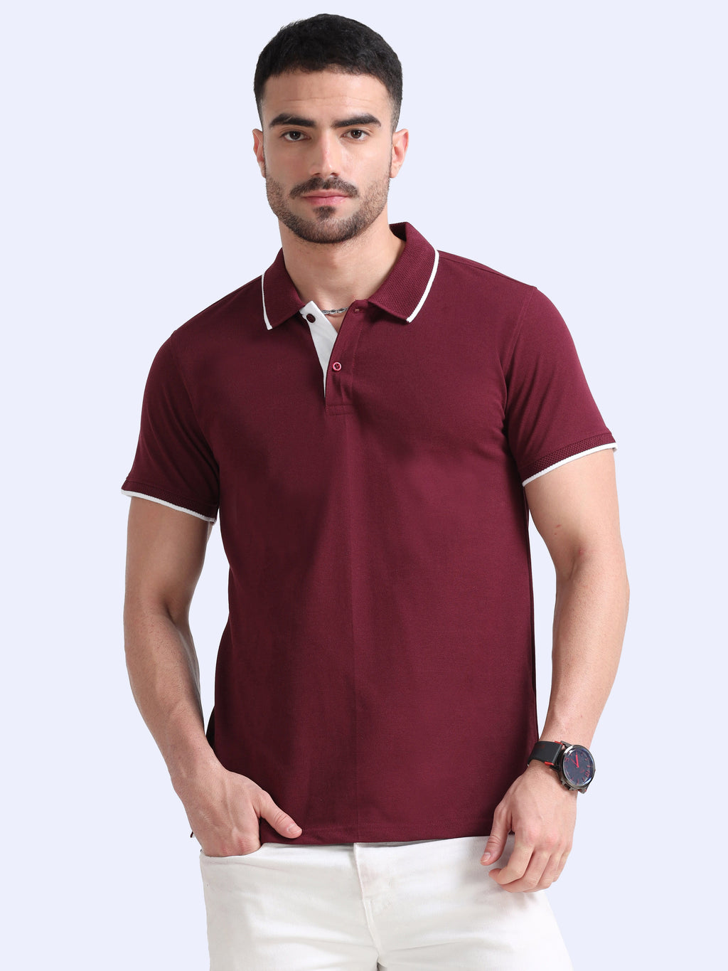 front view eco blend polo tshirt for men Maroon