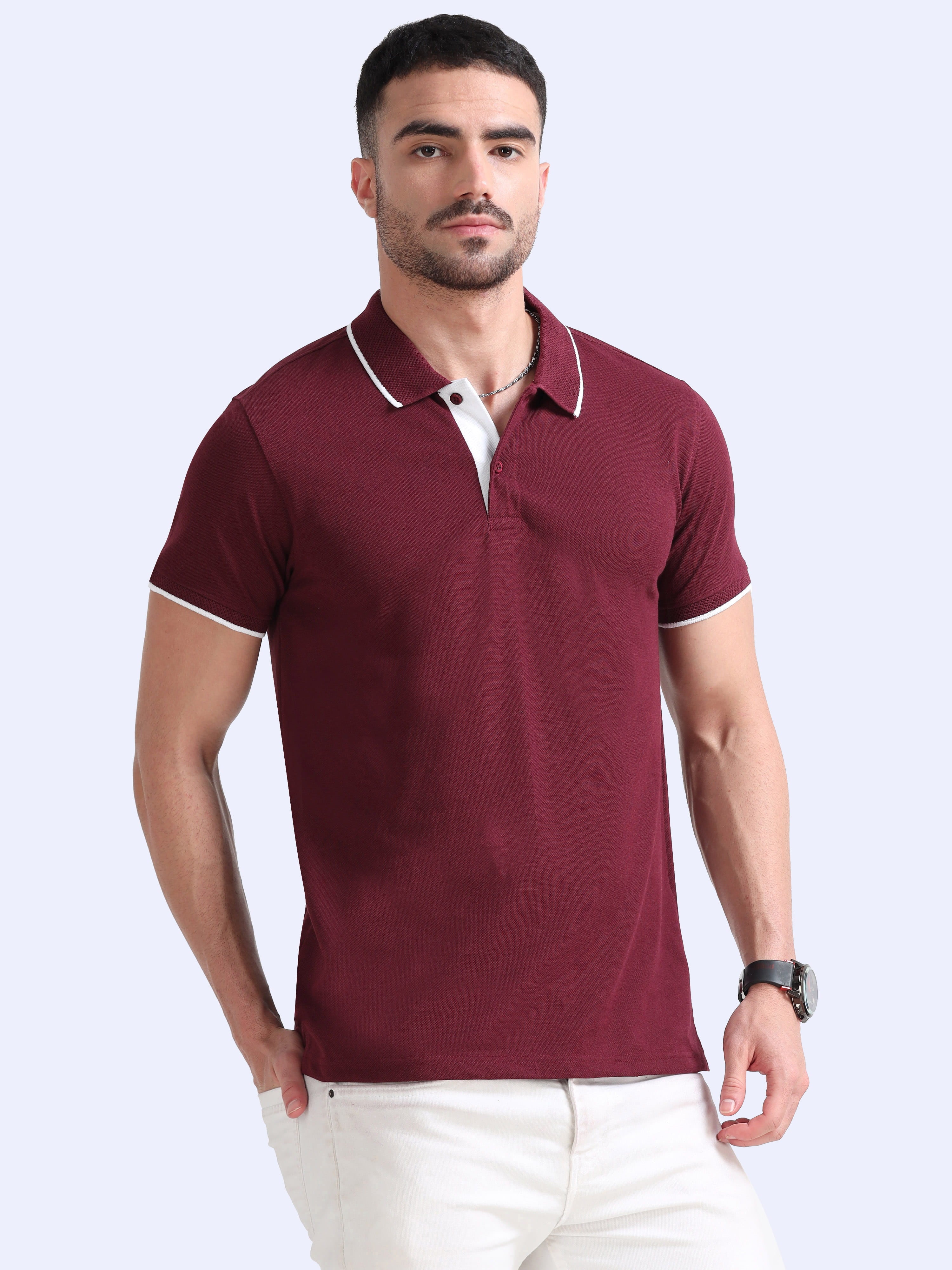 side front view eco blend polo tshirt for men Maroon