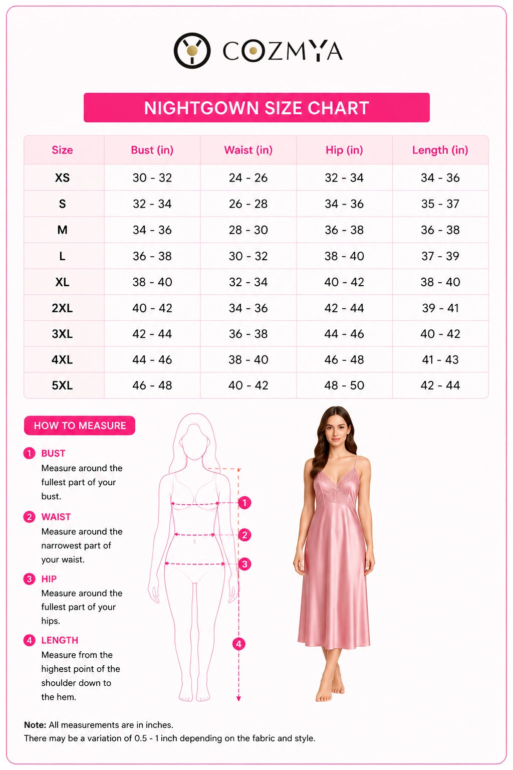 Nightgown size chart
