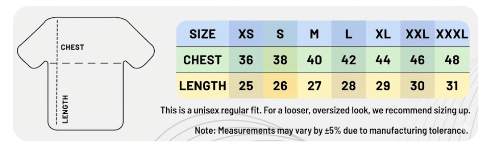 Regular fit T-shirt size chart with measurements for chest and length for colour Black, White, Navy Blue, Red, Bottle Green, Grey Melange, Navy Melange, Charcoal, Grey Melange ., Royal Blue
