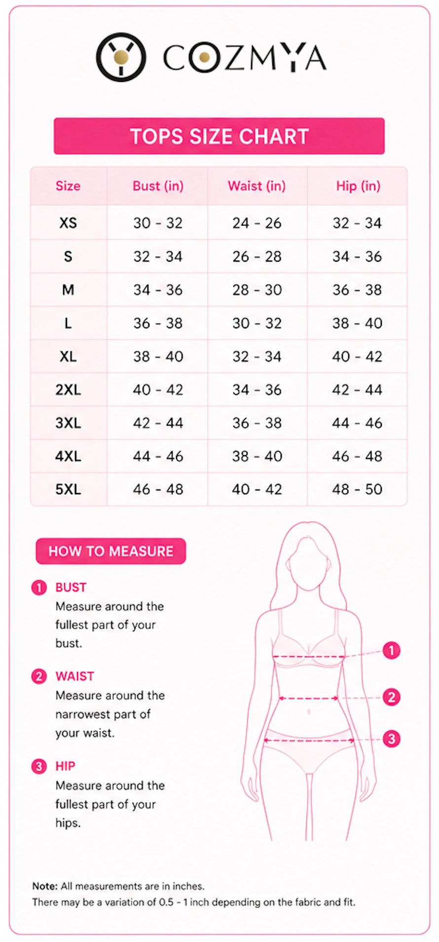 Tops size chart