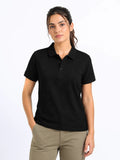 front view of women Wearing  organic cotton polo t-shirt black 
