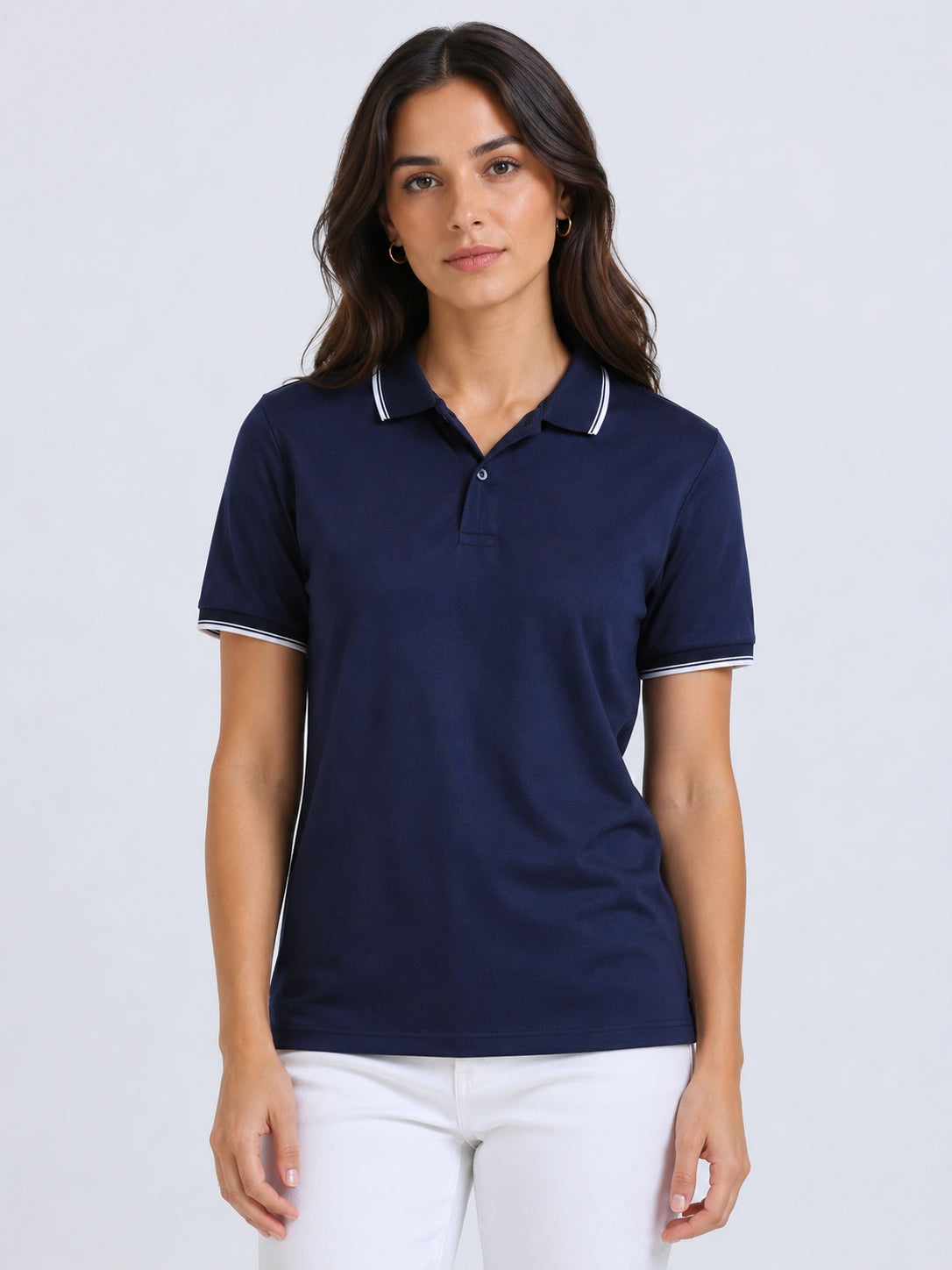 front view of primoknit drift polo tshirt unisex for women Navy Blue