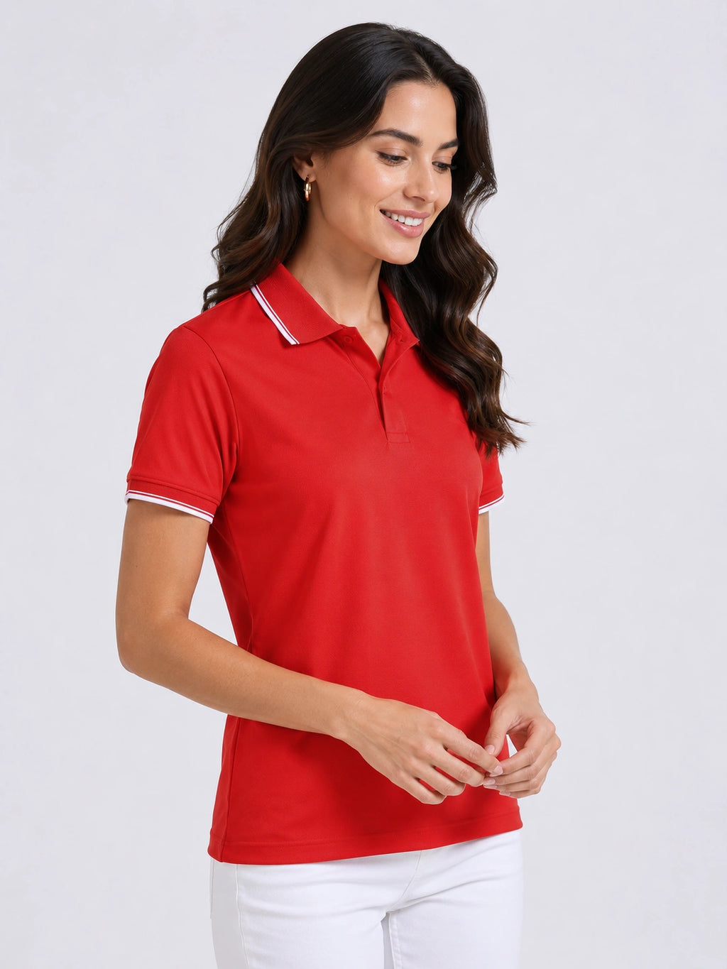 side view of primoknit drift polo tshirt unisex for women Red