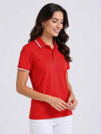 side view of primoknit drift polo tshirt unisex for women Red