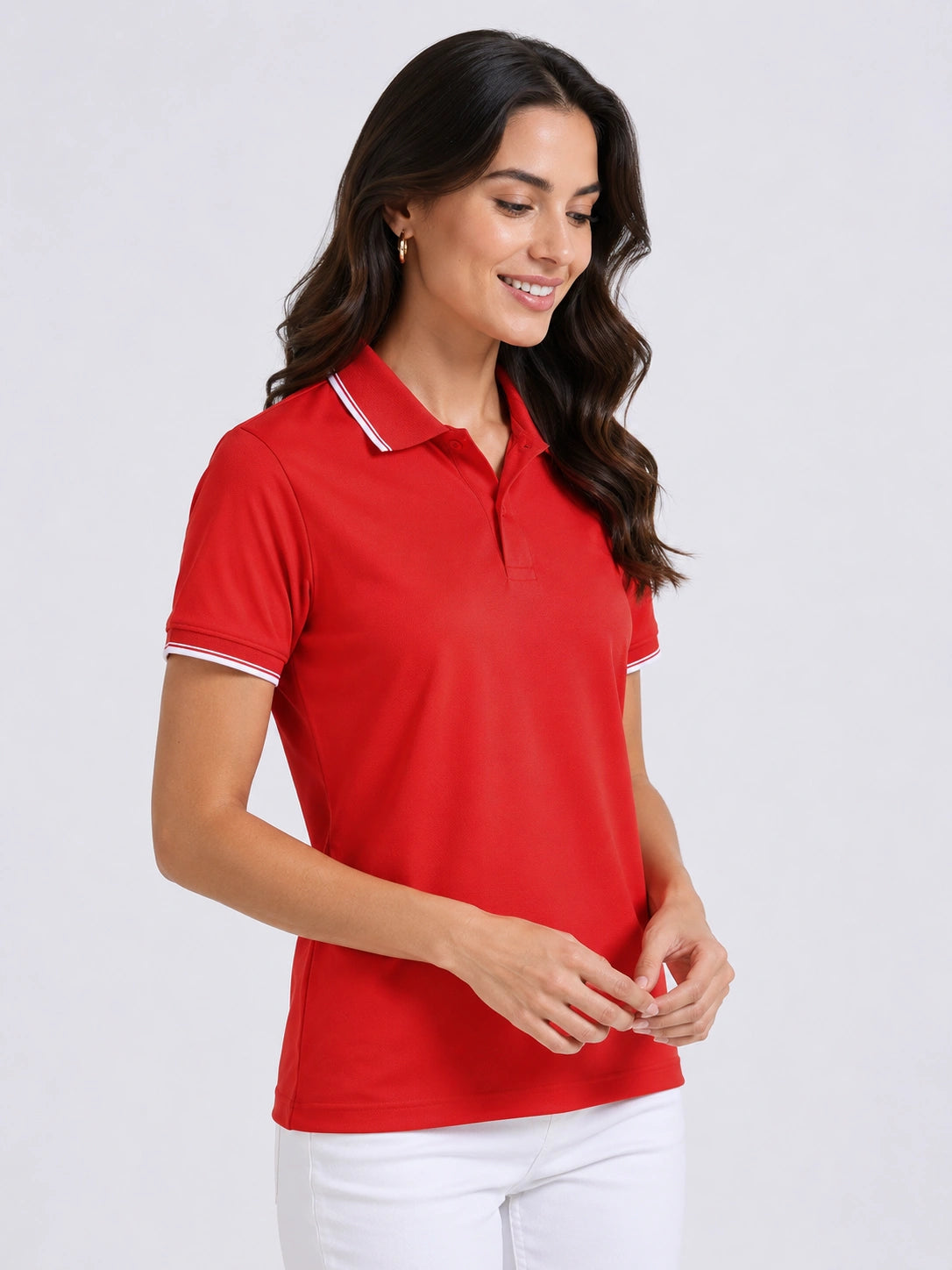 side view of primoknit drift polo tshirt unisex for women Red
