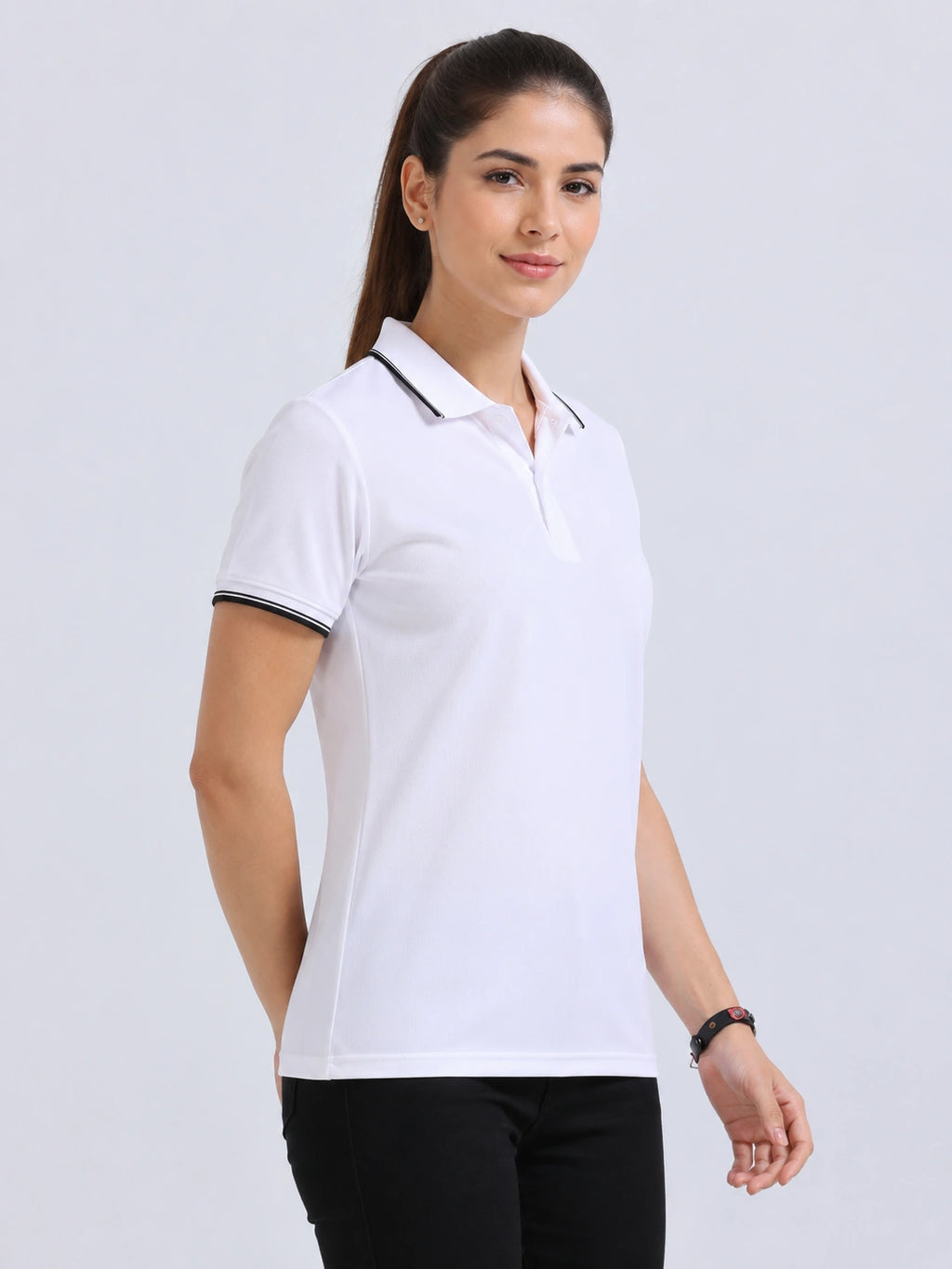 side view of primoknit drift polo tshirt unisex for women white