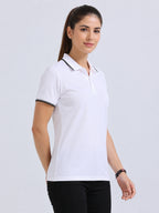 side view of primoknit drift polo tshirt unisex for women white
