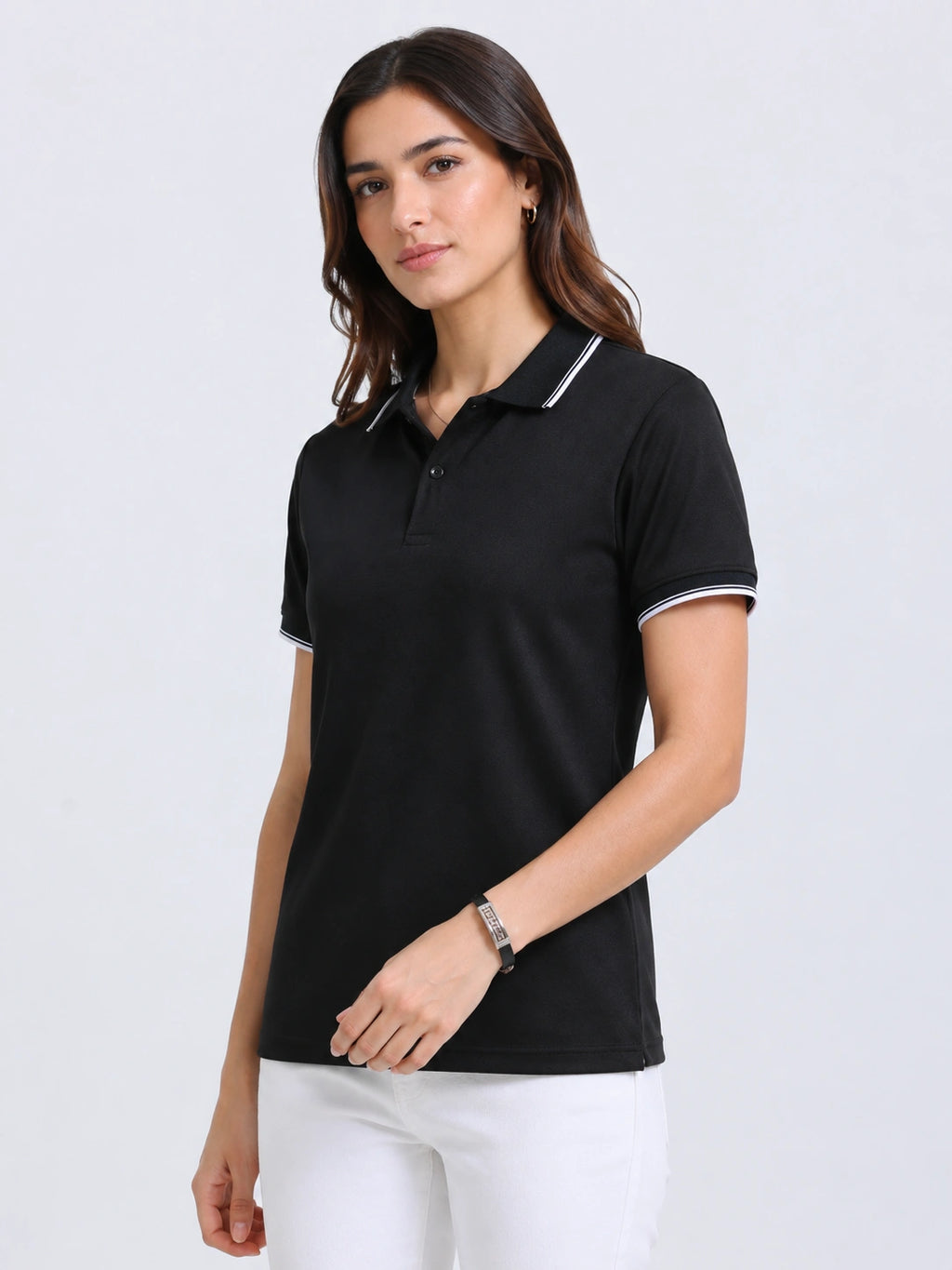 close side view of primoknit drift polo tshirt unisex for women Black