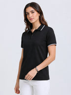 close side view of primoknit drift polo tshirt unisex for women Black