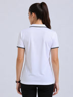 back view of primoknit drift polo tshirt unisex for women white