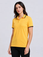 side view of primoknit drift polo tshirt unisex for women Yellow