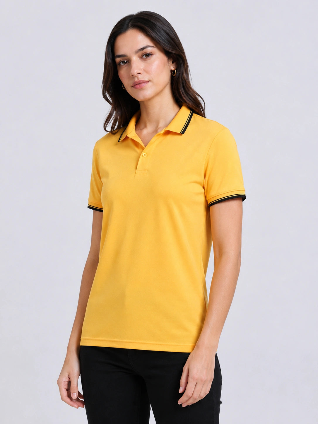 side view of primoknit drift polo tshirt unisex for women Yellow