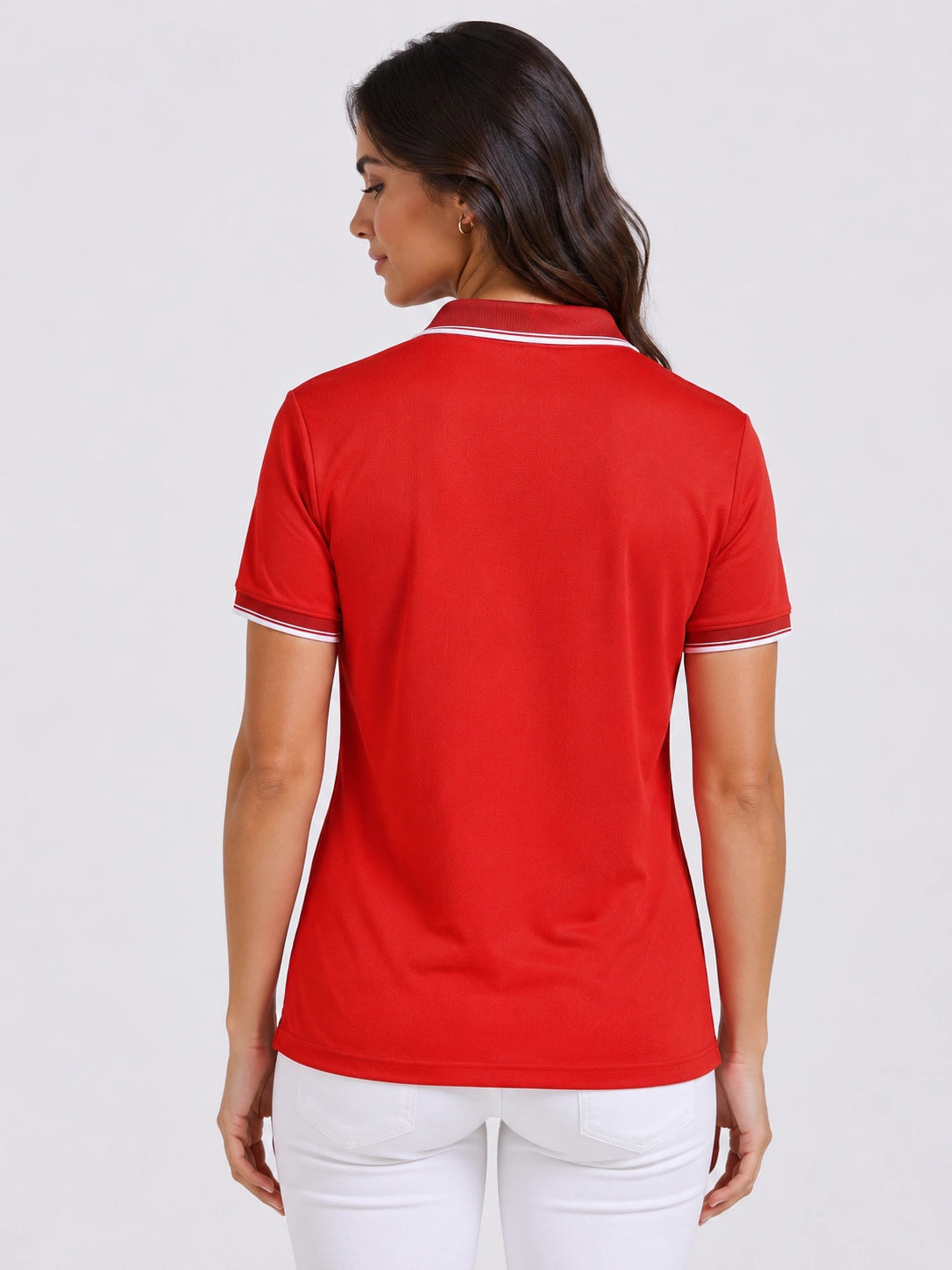 back view of primoknit drift polo tshirt unisex for women Red