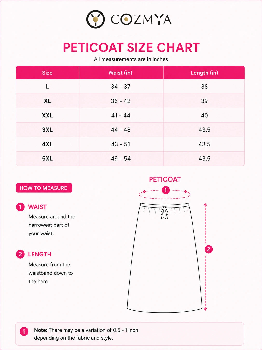 Silk Satin Petticoat size chart