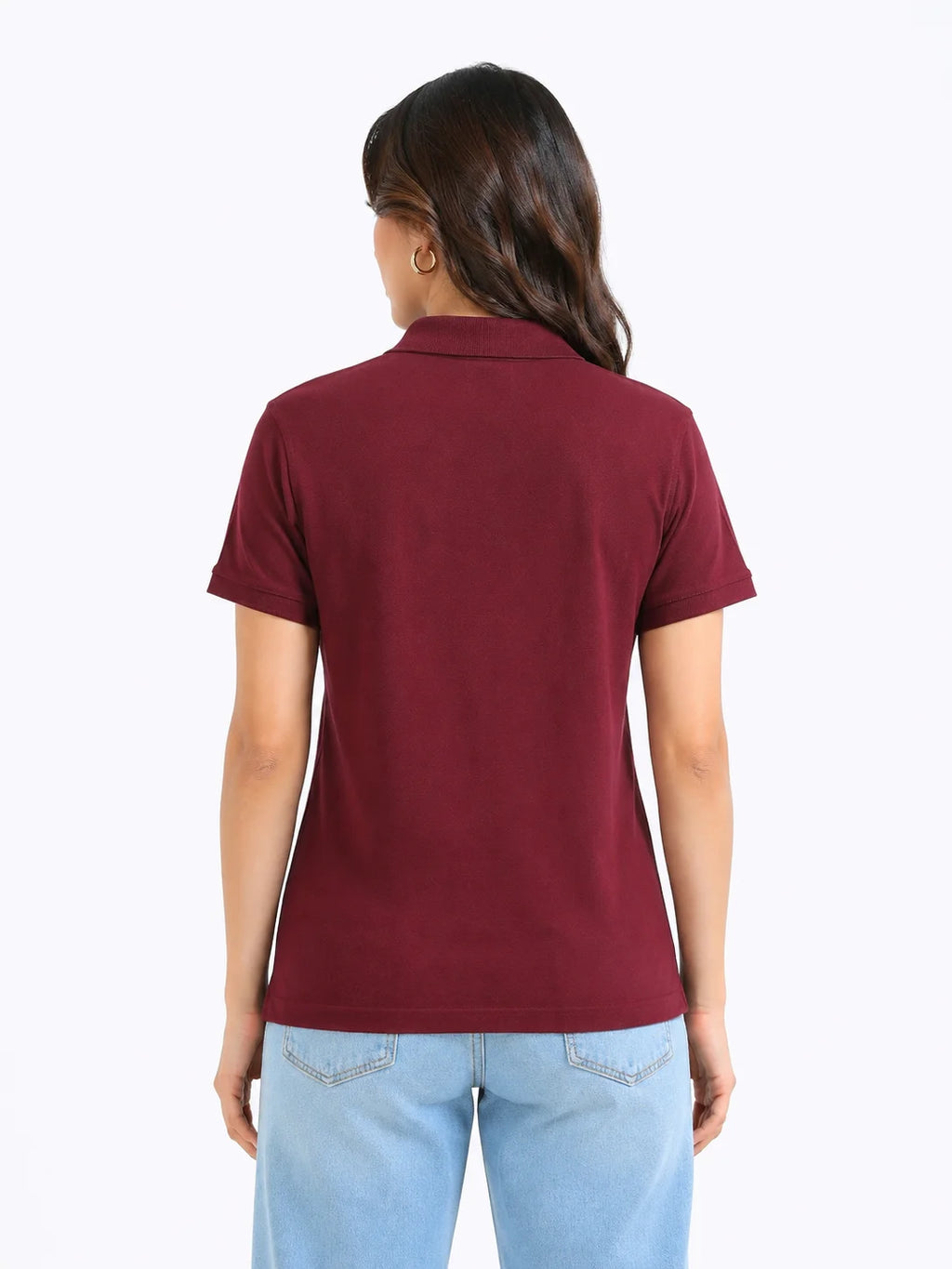 back view of women Wearing  organic cotton polo t-shirt maroon