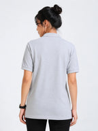 back view of women Wearing  organic cotton polo t-shirt Grey Melange .