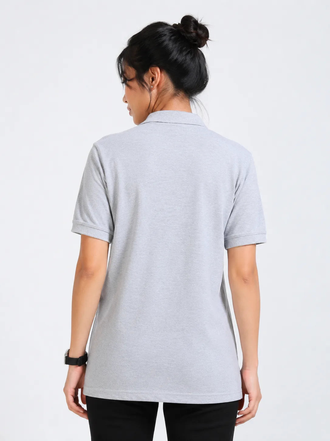 back view of women Wearing  organic cotton polo t-shirt Grey Melange .