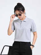 photogenic view of women Wearing  organic cotton polo t-shirt Grey Melange .