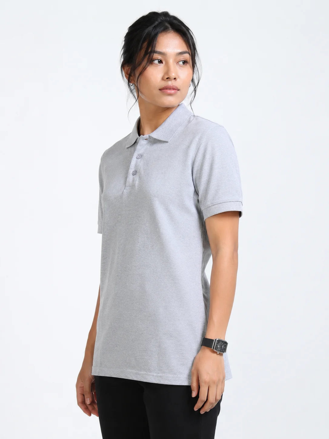 side view of women Wearing  organic cotton polo t-shirt Grey Melange .