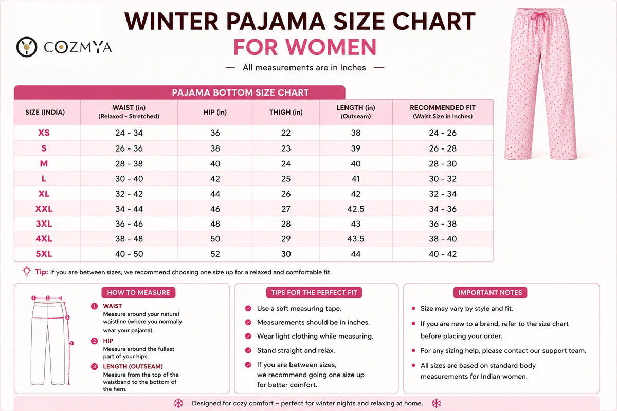 Winter Pajama size chart