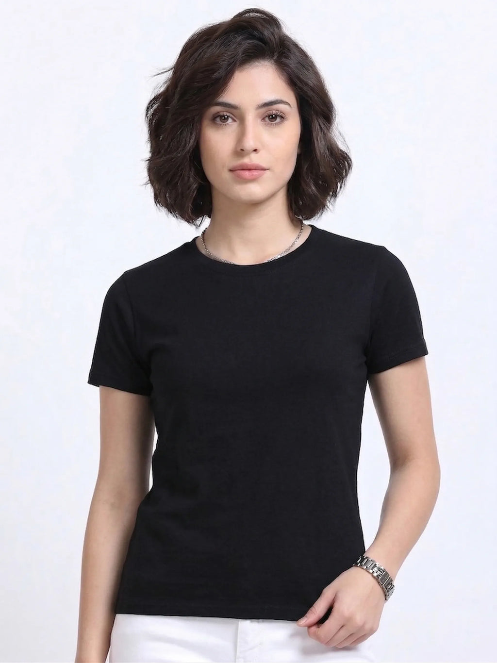 front view of woman wearing t-shirt whose colour is Black