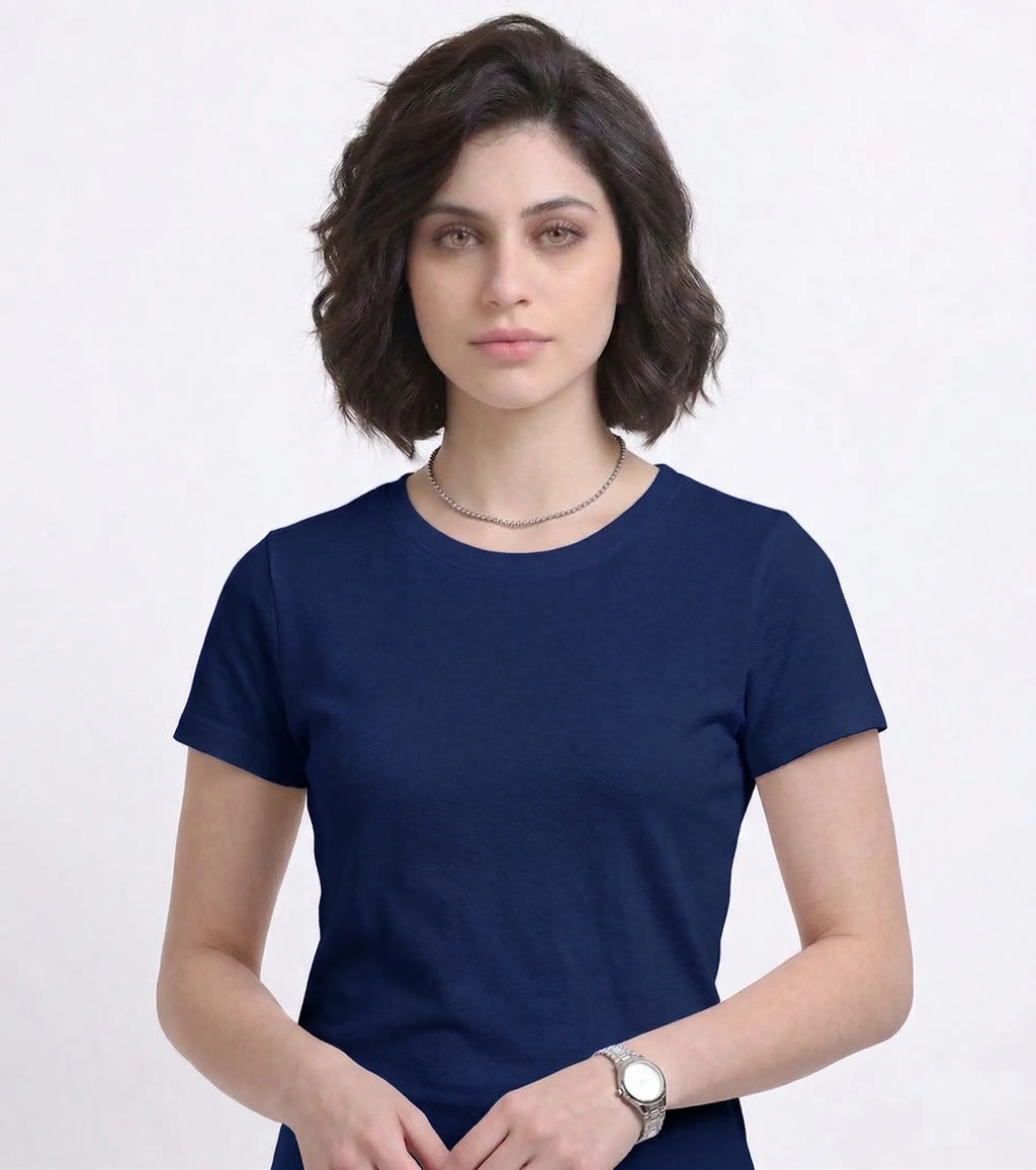 front view of woman wearing t-shirt whose colour is Navy Blue
