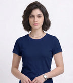 front view of woman wearing t-shirt whose colour is Navy Blue