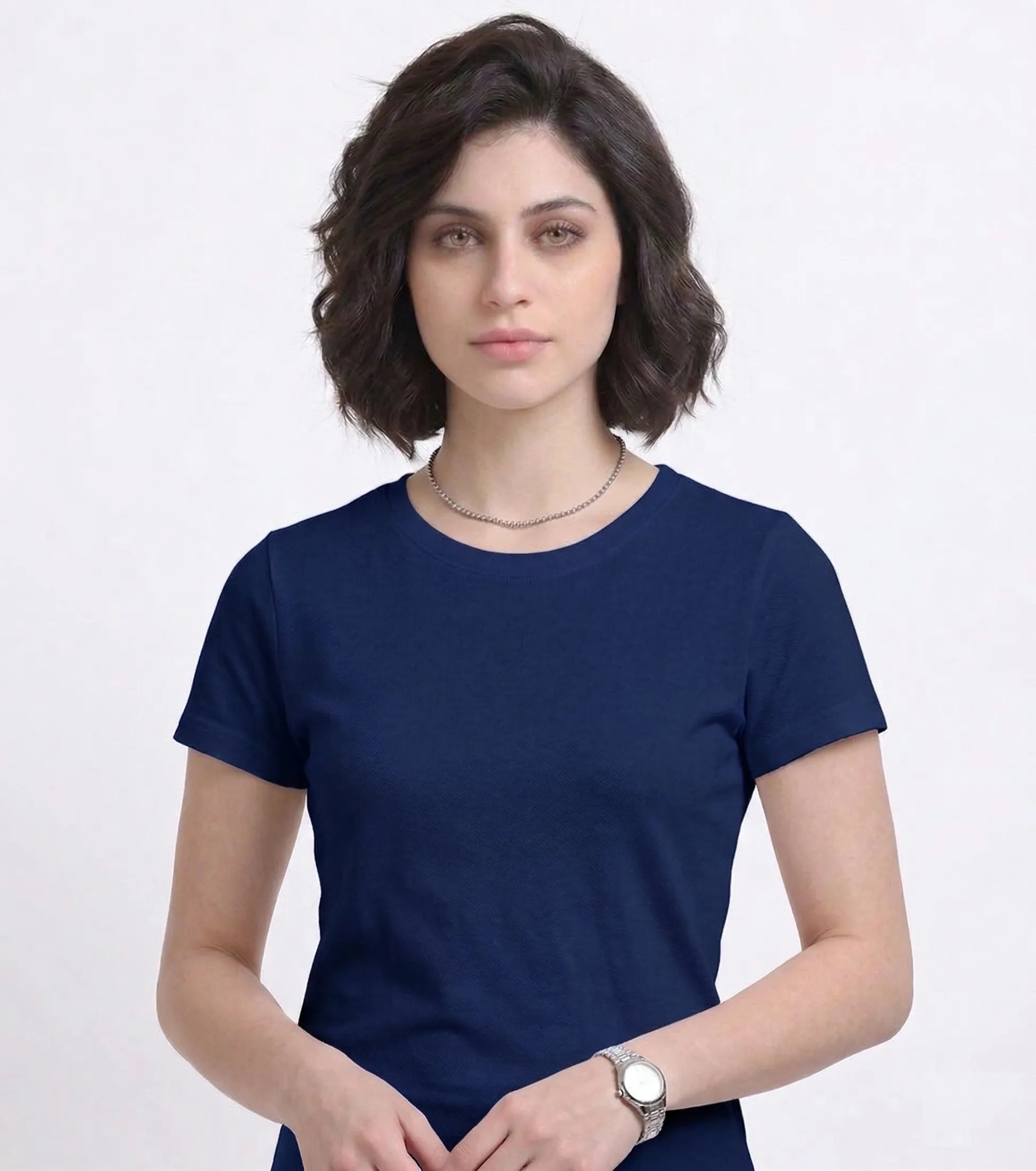 front view of woman wearing t-shirt whose colour is Navy Blue