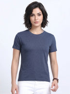 front view of woman wearing t-shirt whose colour is Navy Melange