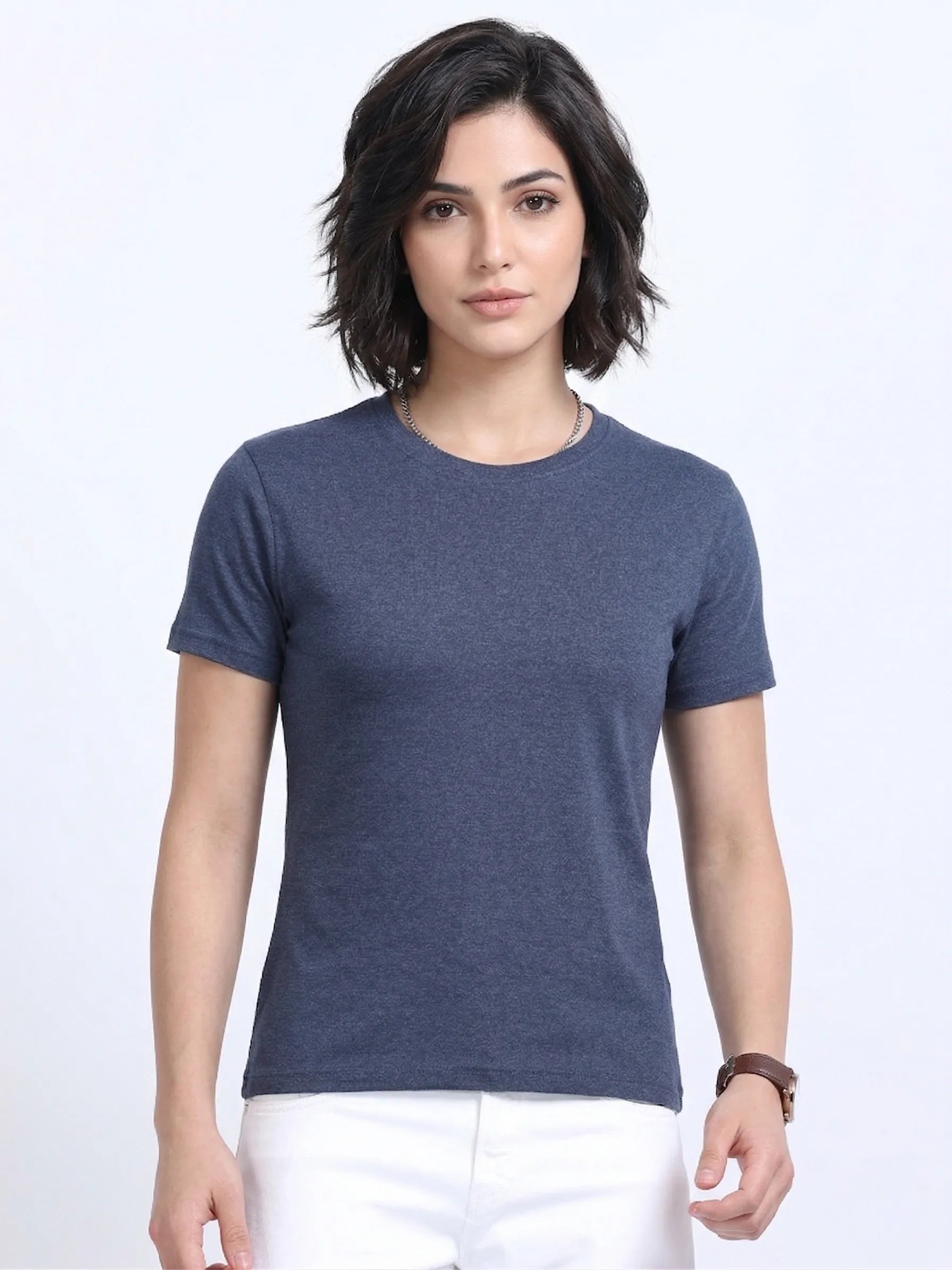 front view of woman wearing t-shirt whose colour is Navy Melange
