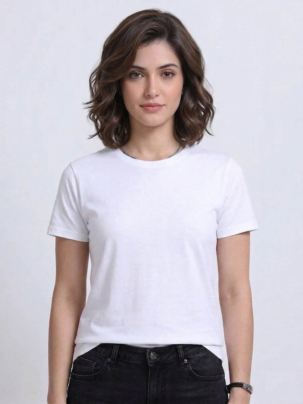 front view of woman wearing t-shirt whose colour is White