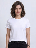 front view of woman wearing t-shirt whose colour is White