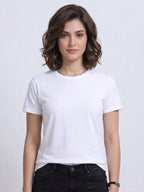 front view of woman wearing t-shirt whose colour is White