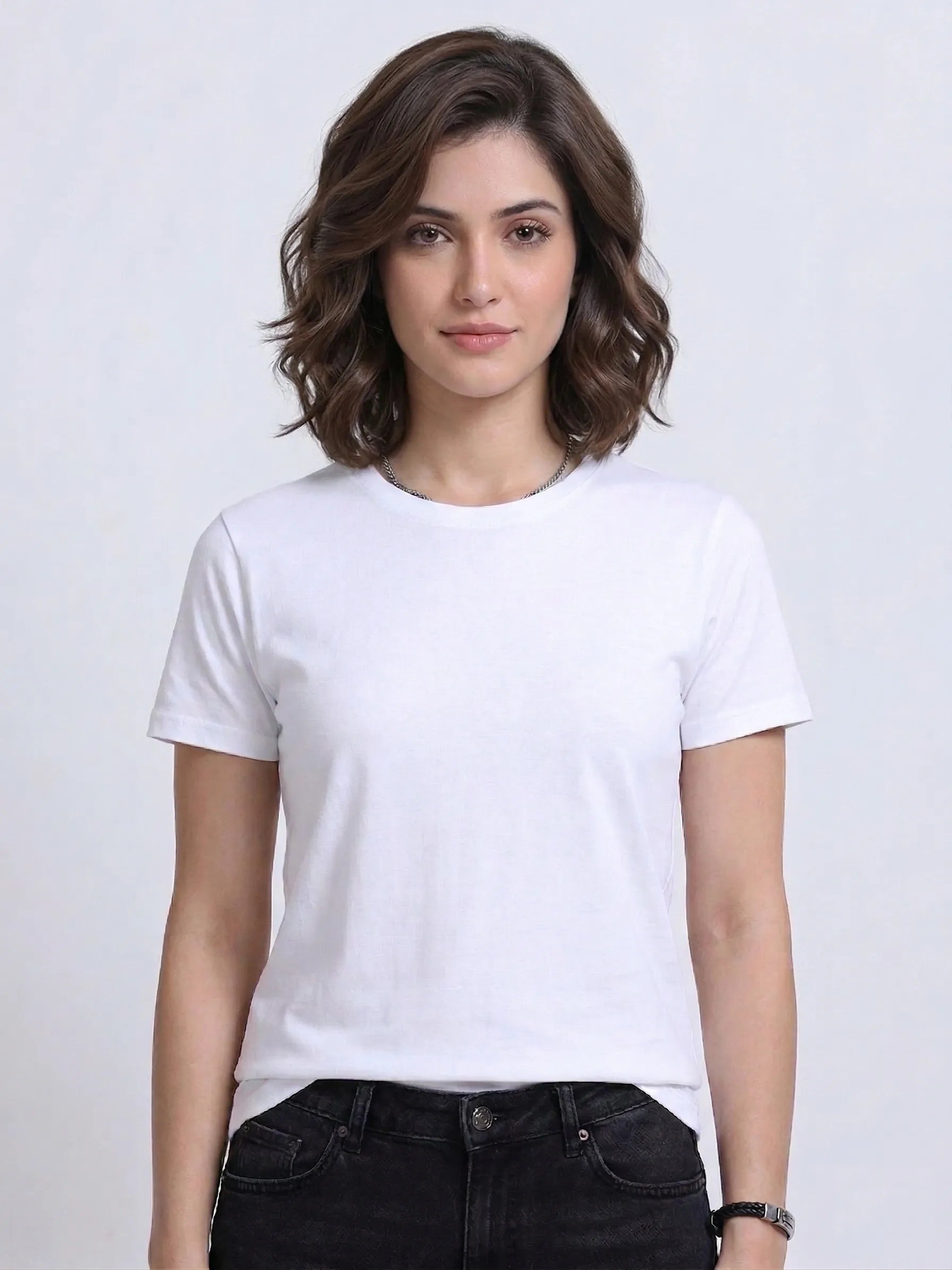 front view of woman wearing t-shirt whose colour is White